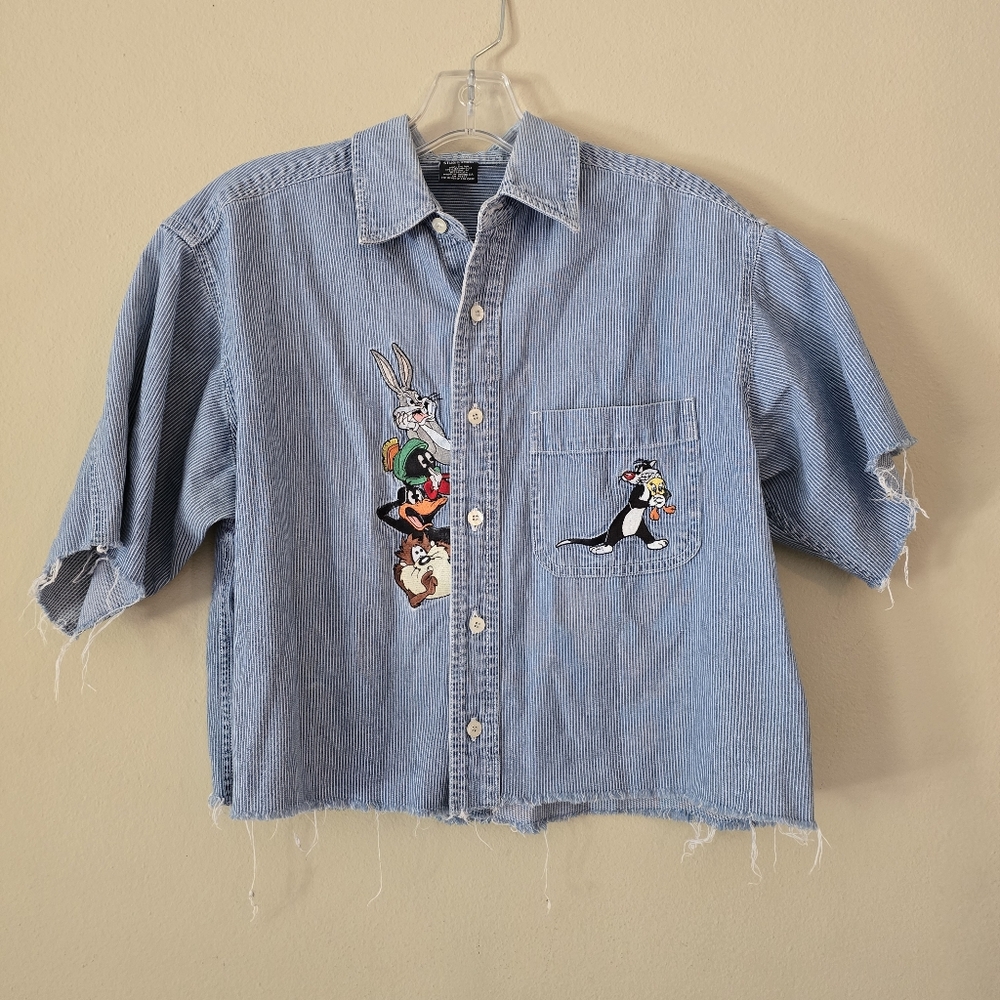 Warner Bros. Striped Blue Cotton Crop Shirt Size Small